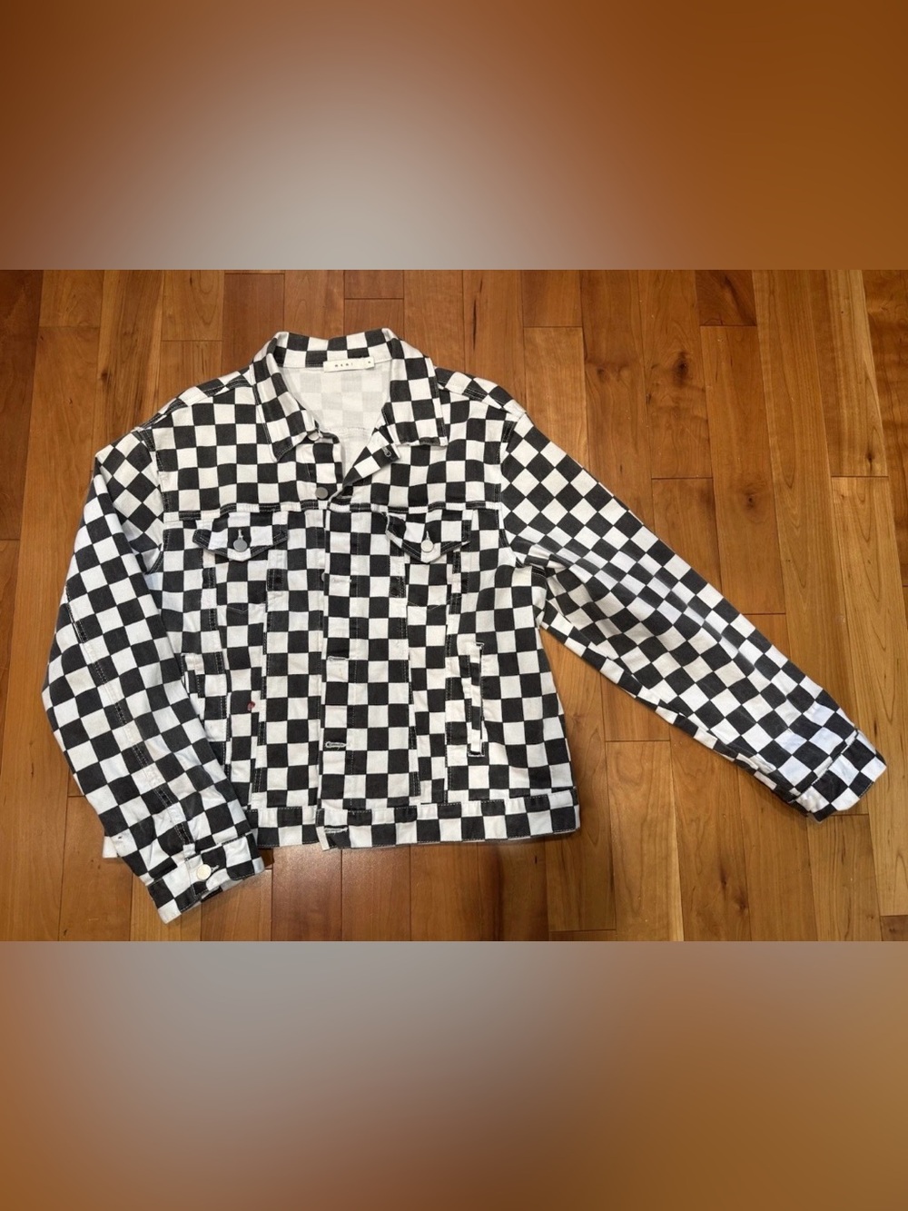 MNML Black & White Checkered Collared Jean Jacket Button Closure Mens XL